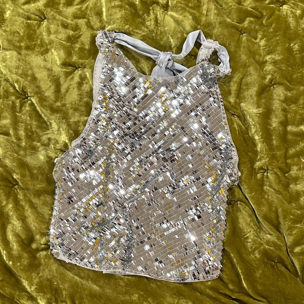 Free people disco fever tie back tank Silver Sequin Halter Top